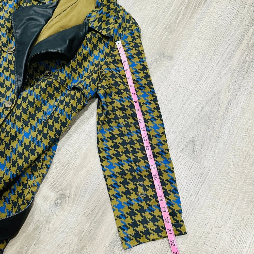 The Drop signedblake Houndstooth Trench Coat Olive Blue Faux Leather Trim M - Picture 8 of 16